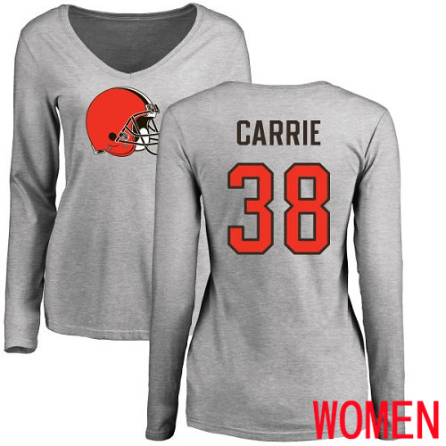 Cleveland Browns T J Carrie Women Ash Jersey #38 NFL Football Name and Number Logo Long Sleeve T Shirt